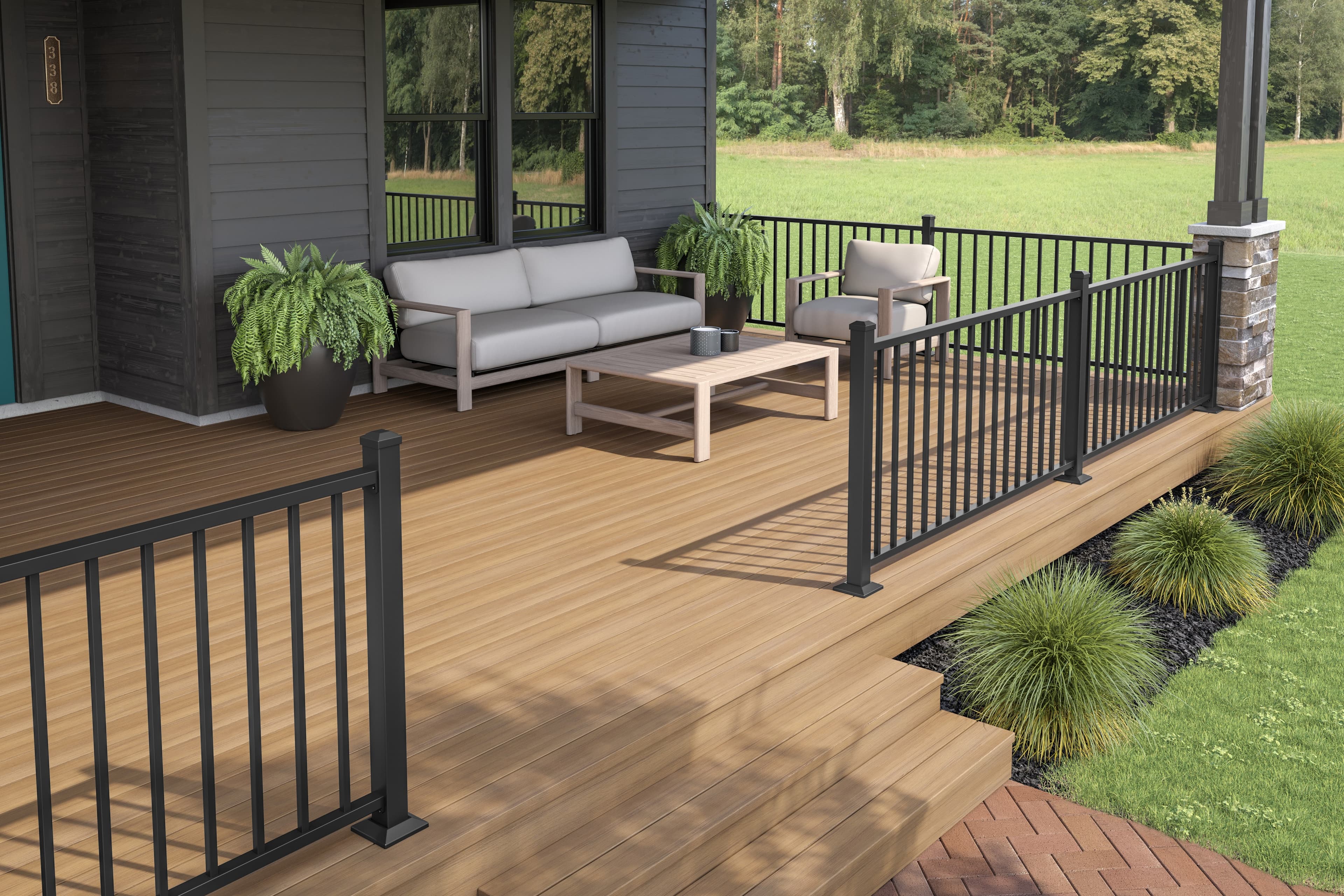 Deckorators Summit Terra covered deck on a black house