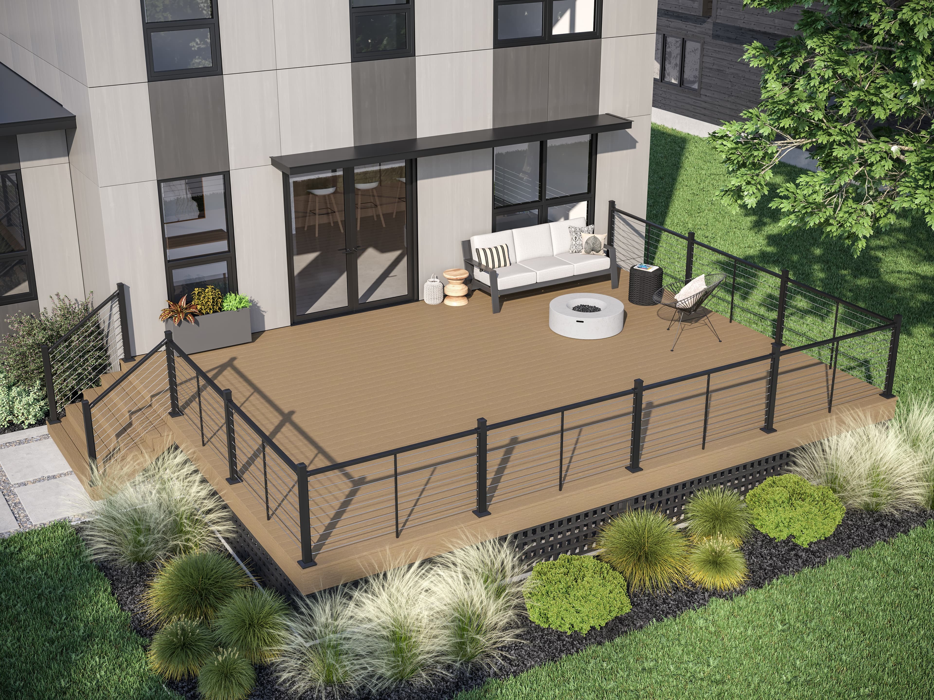 Deckorators Vista Dunewood decking with Revolution rod rail on a modern home