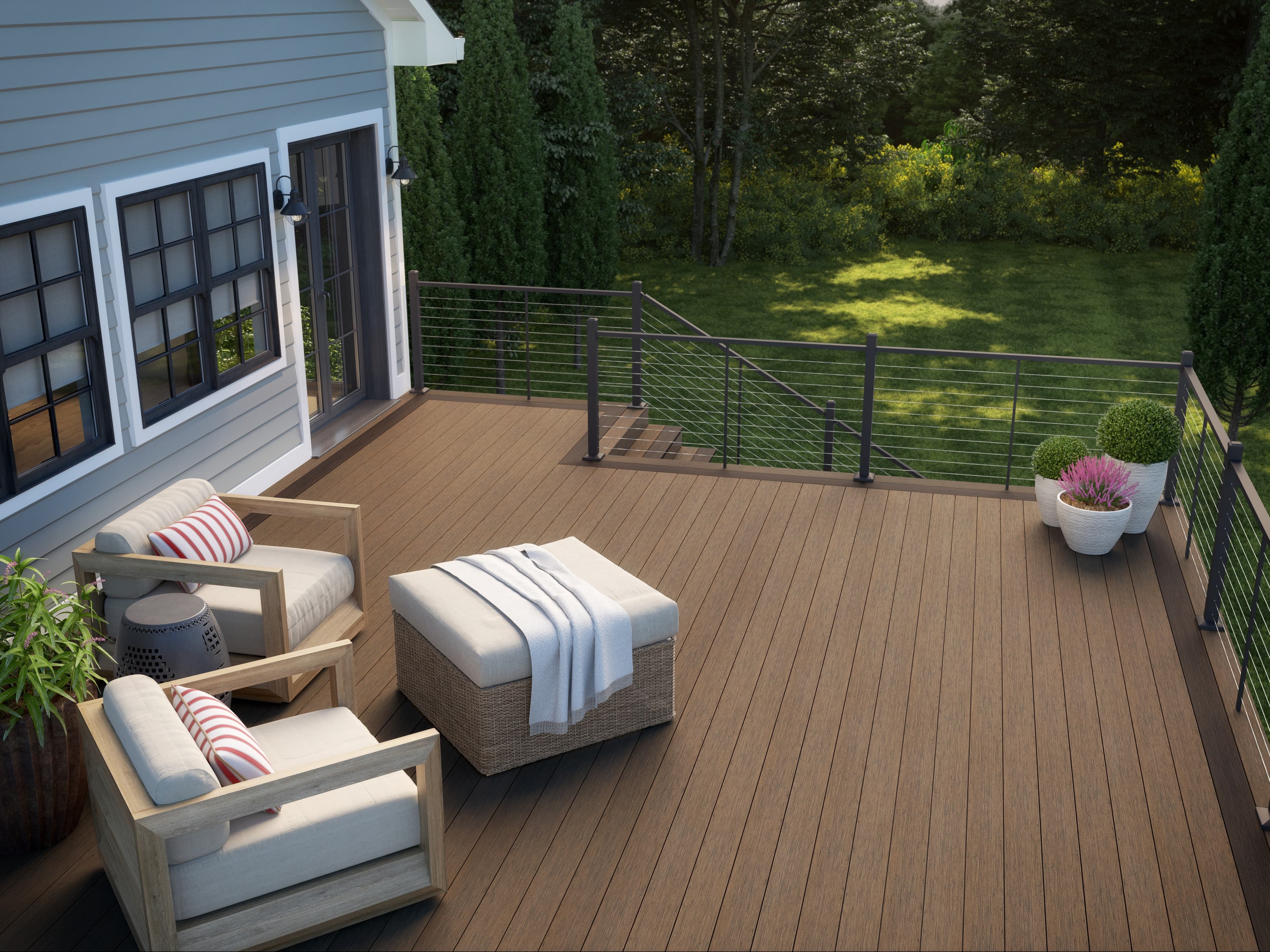 Deckorators Vista Ironwood and Dunewood with bronze ALX Contemporary cable railing