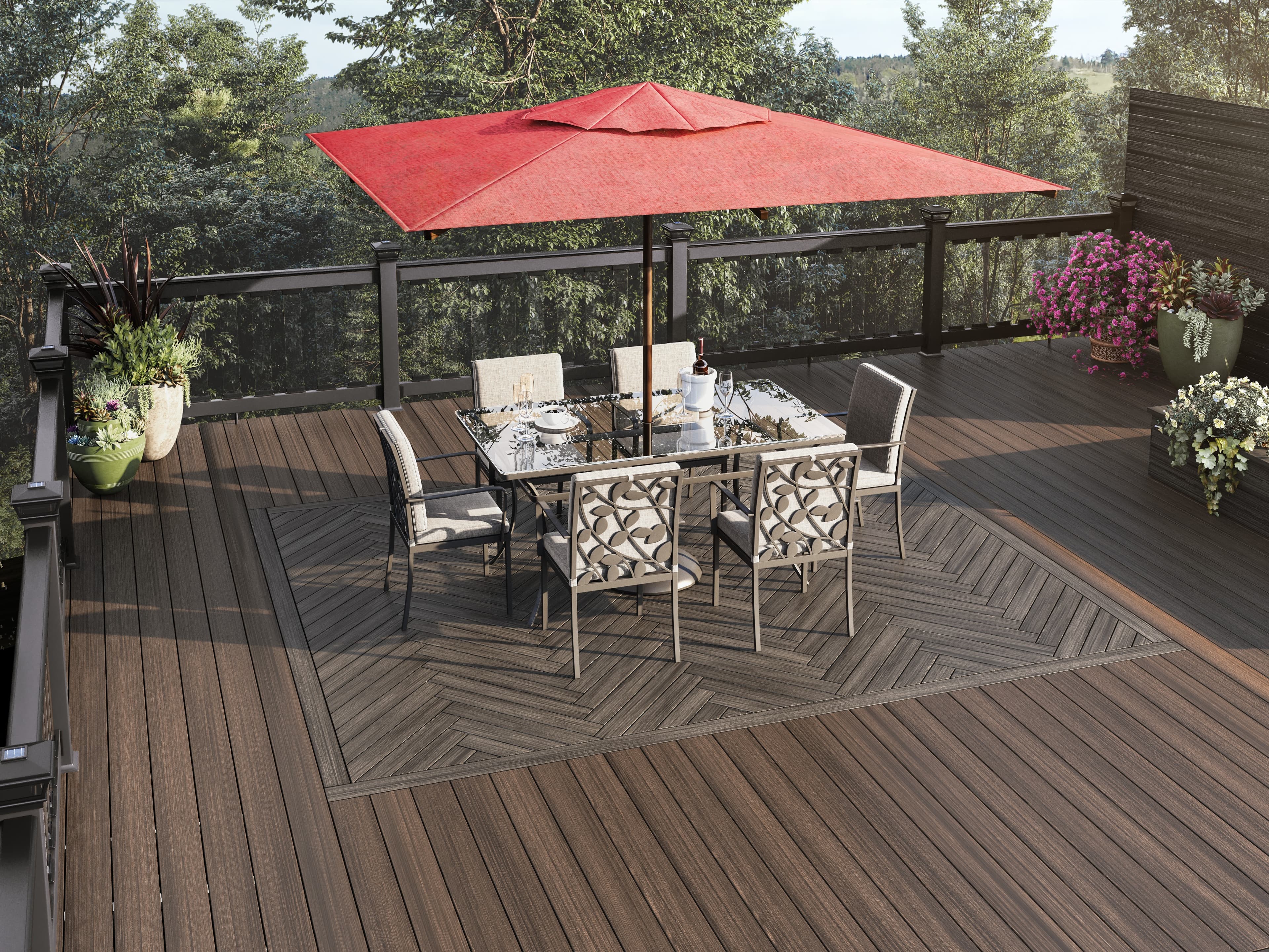 Deckorators Vista Ironwood with Driftwood inset and ALX Pro glass balusters